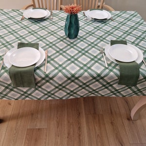 Green Tartan Plaid Coated Cotton Tablecloth, Checked Outdoor Table Cloth, Custom Size Round Oval Square Rectangle Waterproof Table Cover