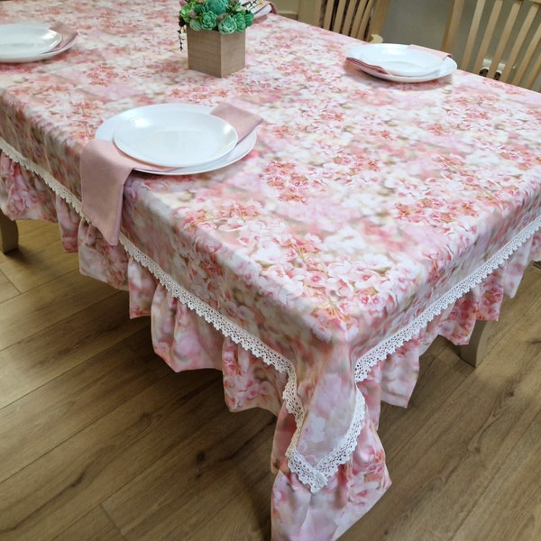 Large Rectangle Ruffled Pink Floral Tablecloth with Lace, Custom Round Oval Square Spring Romantic Almond Blossom Print Cotton Table Cloth
