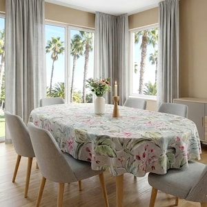 Oval Floral Tablecloth, Custom Pink & Green Pastel Tropical Flower Dining Decor for Spring/Summer