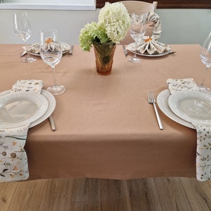Solid Color Tablecloth, Coated Table Cloth, Custom Size, White, Brown, Yellow, Pink, Green or Teal Wipeable Holiday Table Cover, Napkins
