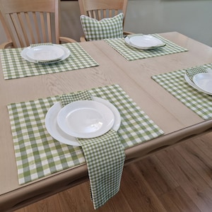 Green Gingham Table Runner, Placemats and Napkins, Make Your Own Set for Table, Custom Size & Color, Checkered Cotton Country Cottage Decor