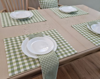 St Patrick's Day Green Gingham Plaid Table Runner, Placemats and Napkins, Custom Size & Color, Checkered Cotton Country Cottage Table Linens