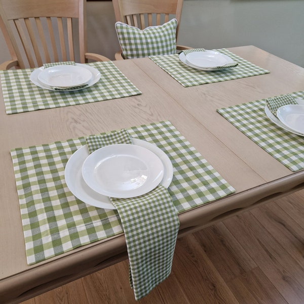 St Patrick's Day Green Gingham Plaid Table Runner, Placemats and Napkins, Custom Size & Color, Checkered Cotton Country Cottage Table Linens