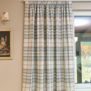 Tartan Plaid Cotton Canvas Curtains: Beige, Teal & Off White + 3 Colors, English Cottage Drapes