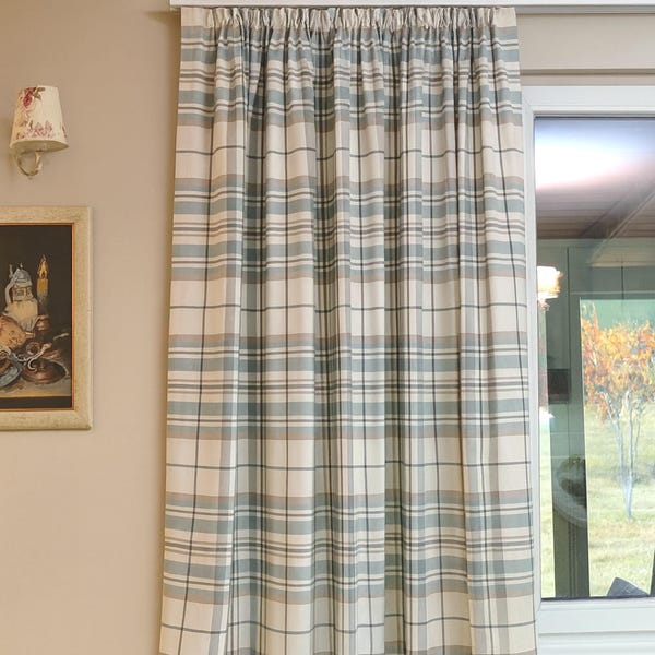 Tartan Plaid Cotton Canvas Curtains: Beige, Teal & Off White + 3 Colors, English Cottage Drapes
