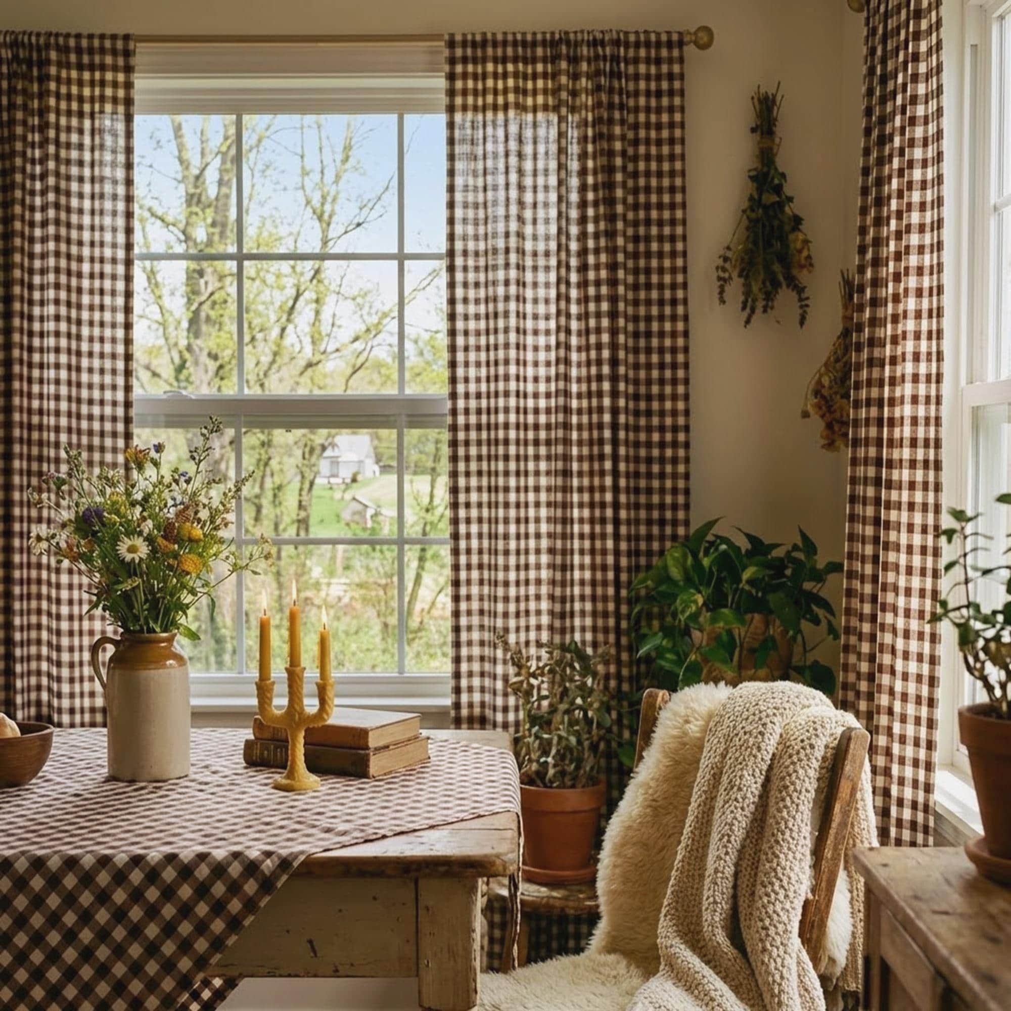 Dark Brown Gingham Curtains: Custom Checkered Cotton Blend Pair Panels