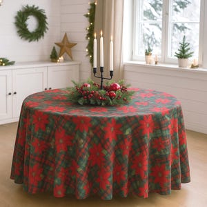 Christmas Round Tablecloth Red & Green Tartan Plaid with Poinsettia Print, Custom Size and Shape
