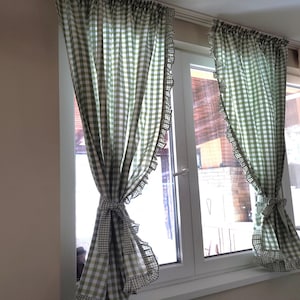 Cortinas de cuadros vichy con volantes de estilo rústico francés, en verde y otros 13 colores. Juego de 2 paneles de cortina a cuadros, tamaño personalizado, para cocina y dormitorio.