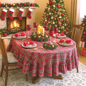 Holiday Oval Ruffle Tablecloth - Tartan Plaid Red and Green Christmas Decor, Custom Size