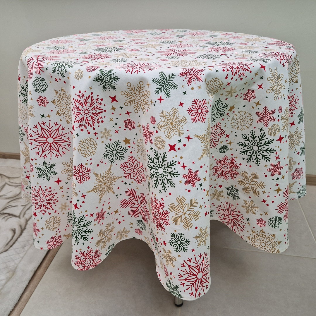 Round Christmas Tablecloth White With Red & Green Snowflake Etsy