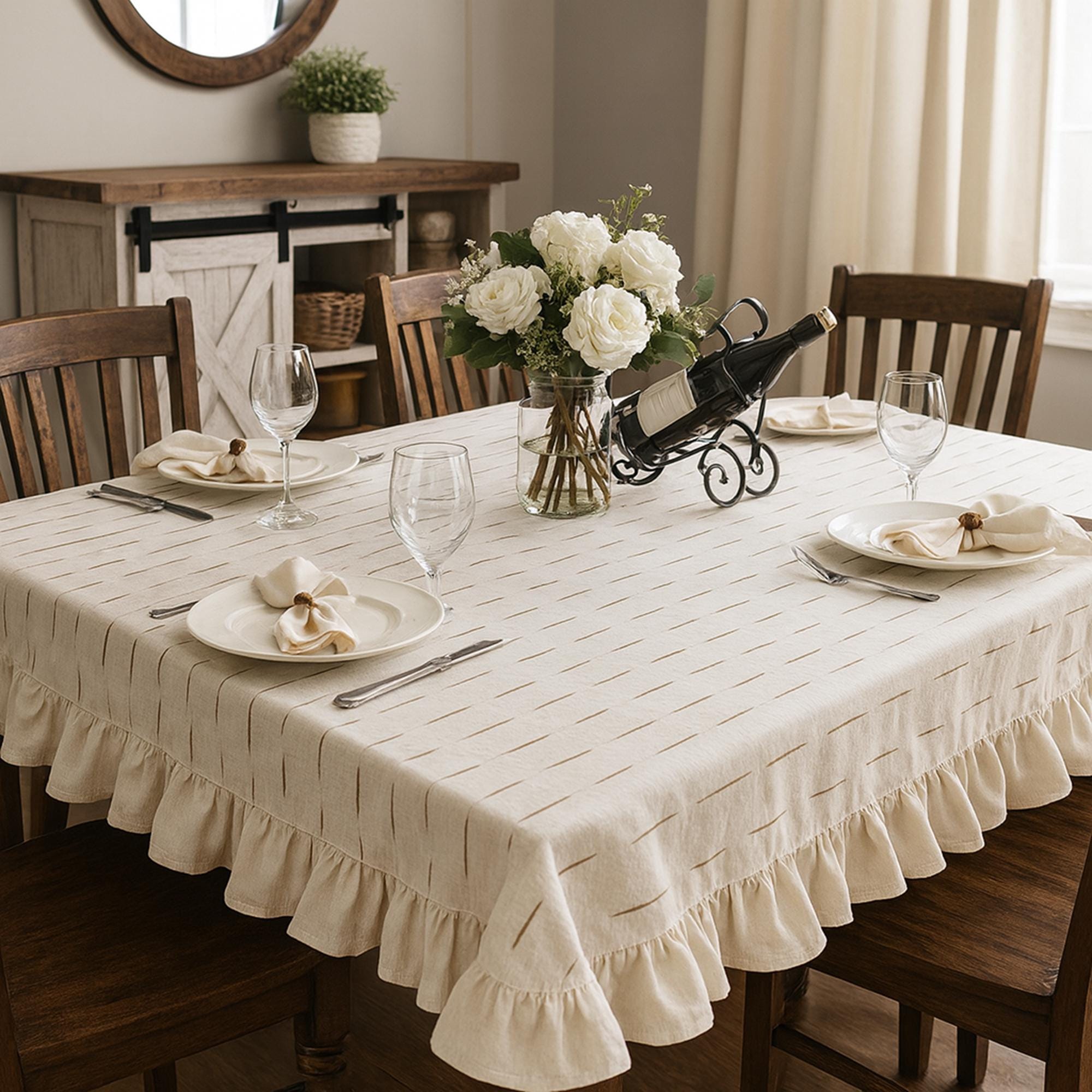 Stripe Ruffle Table Cloth, Custom Size Cream Cotton, Large Ruffled