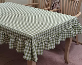 French Country Green Gingham Ruffled Tablecloth & Other 13 Colors, Custom Size and Shape Checkered Frilled Table Cloth for Wedding Party