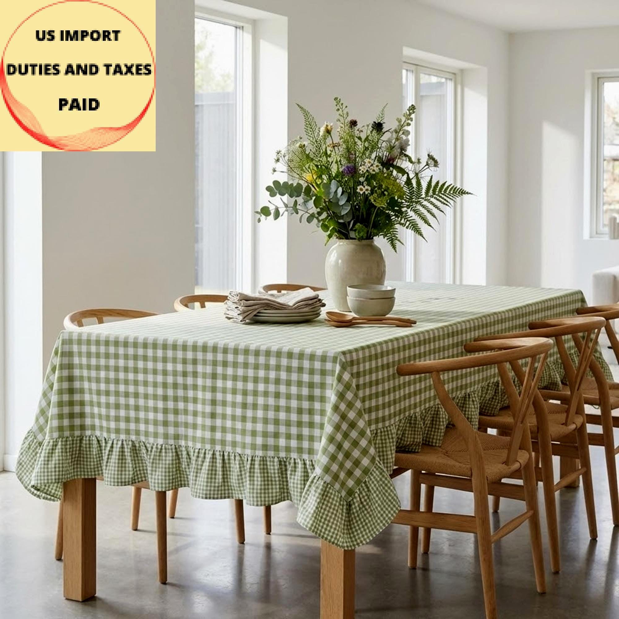 Green Gingham Tablecloth With Ruffles, Custom Size and Color, Cotton