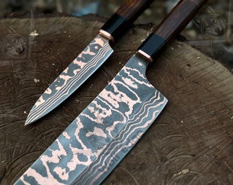 2 cuchillos Nakiri, multiusos, para verduras y para pelar, hechos a mano, de acero al carbono, con acabado de cobre Damasco CU-MAI y mango de madera.