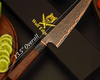 Cuchillo de chef de Damasco de cobre hecho a mano y personalizado: hoja de cocina Gyuto, regalo para padrinos de boda.