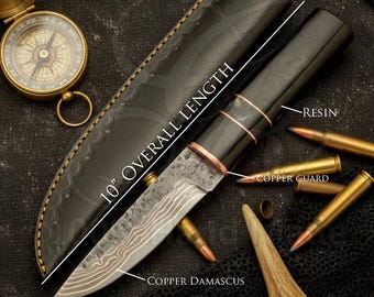 Cuchillo Puukko de Damasco de cobre hecho a mano: hoja de acero al carbono martillado, funda de cuero