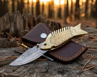 Navaja de bolsillo, navaja plegable de pescado hecha a mano de cobre damasco, EDC para caza al aire libre, cuchillo para aniversario, boda, regalo personalizado para hombres