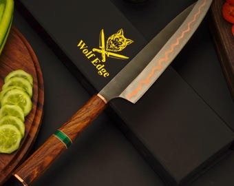 Faca de chef Gyuto personalizada em cobre Damasco - Presente ideal para aniversários, Natal e Dia dos Pais - Gravação personalizada gratuita.