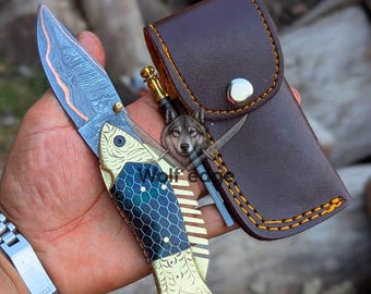 Navaja plegable de cobre de Damasco hecha a mano con mango de madera de rosa, regalo personalizado.