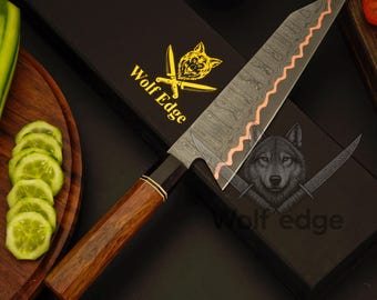 Cuchillo de chef de cobre de Damasco hecho a mano, mango de madera de wengué rosa, regalo personalizado