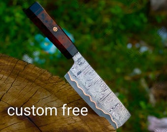 Cuchillo de cocina artesanal de acero de Damasco, con funda de cuero.