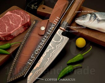 Cuchillo de chef Kiritsuke de acero damasco de cobre forjado a mano, hoja de acero al carbono para cocina (funda de cuero)