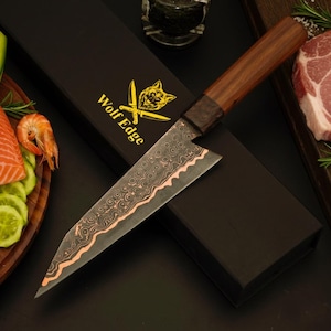 Coltello da chef Kiritsuke in rame forgiato a mano, personalizzato, con lama in acciaio al carbonio Damasco e rame.