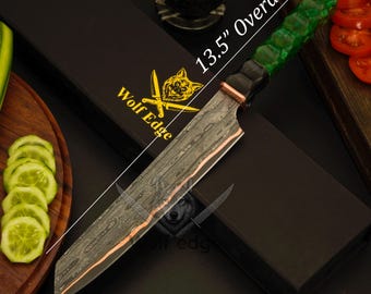 Cuchillo de chef de Damasco hecho a mano, mango esculpido de cobre, negro y verde, regalo de boda personalizado para aniversario.