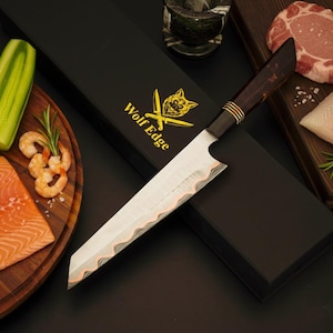 Hand-Forged Copper Damascus Kiritsuke Chef Knife, Octagonal Resin Handle, Personalized Kitchen Gift