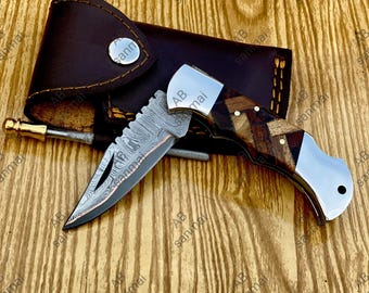 Cuchillo plegable de cobre de Damasco hecho a mano, mango de madera de rosa, funda de cuero.