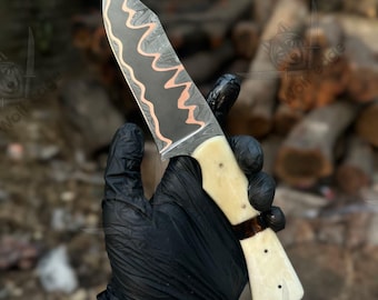 Cuchillo de chef de acero de Damasco de cobre hecho a mano – Mango de micarta de hueso forjado – Hoja multiusos de cocina