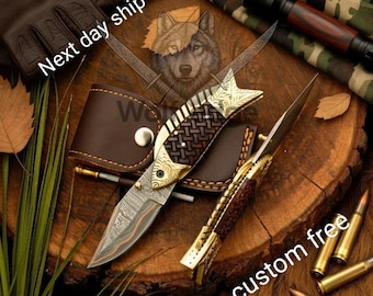 Navaja plegable de cobre Damasco con forma de pez, personalizada y hecha a mano, con mango de palisandro grabado.