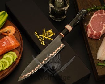 Cuchillo de chef de acero de Damasco forjado a mano, mango de resina de cobre, caja de regalo personalizada.