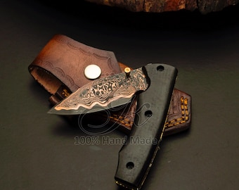 Handmade Copper Damascus Folding Knife, Cu-Mai Pocket Knife, EDC Knife with Leather Sheath, Custom Pocket Knife Gift for Him, Groomsman Gift