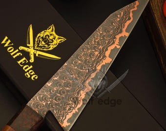 Cuchillo de chef Cu Mai Kiritsuke personalizado forjado a mano con hoja de acero al carbono de Damasco y cobre.
