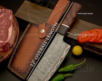 Cuchillo de carnicero Cu Mai de Damasco hecho a mano, mango de palisandro, espiga completa