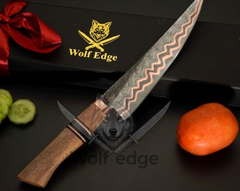 Handmade copper Damascus Gyuto Chef Knife with Coconut Wood Handle | Custom Kitchen Multi Purpose
