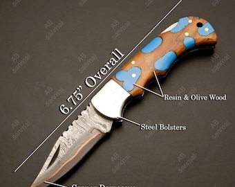 Navaja plegable de cobre de Damasco hecha a mano: mango de madera de olivo y resina, funda de cuero.