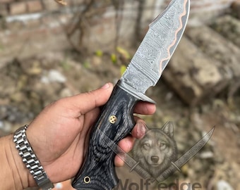 Cuchillo de caza de Damasco hecho a mano, Cu Mai de cobre, mango de madera de Pakka