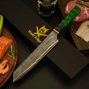 Handmade copper Damascus kitchen Chef Knife, Black Green Sculpture Handle Personalized wedding Gift anniversary edition birthday party gift