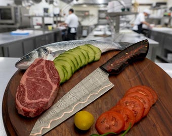 Cuchillo de chef personalizado de cobre de Damasco, hecho a mano, con mango de resina turquesa.