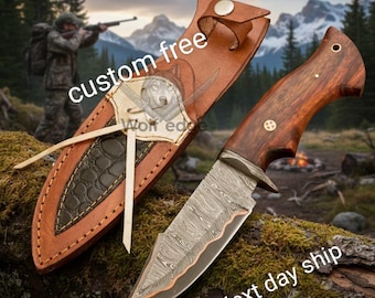 Handmade Damascus Steel Hunting Knife, Rosewood Handle, Leather Sheath