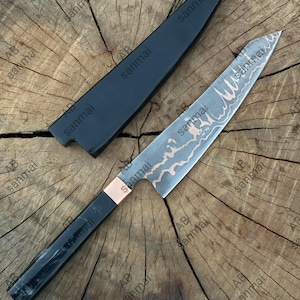 Hand-Forged Japani Sushi Knife Copper & Carbon Steel Damascus Chef Knife: Turquoise Resin Handle With Wooden Sheath, Moom Gift, Sister Gift