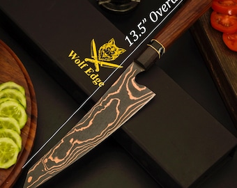 Cuchillo de chef Kiritsuke de acero al carbono forjado a mano con cobre y Damasco – Hoja de patrón recto