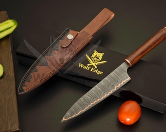 Kitchen knife, Handmade copper Damascus Steel Santoku Knife, Rose Wood Handle Dining gifts