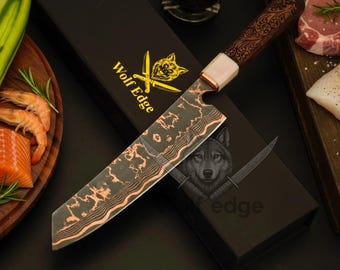 Cuchillo de chef Santoku de Damasco forjado a mano, mango de madera grabada, hoja de Cu Mai