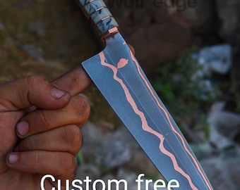 Cuchillo de chef de acero al carbono forjado a mano con núcleo de cobre, cuchillo San Mai, regalo de cumpleaños