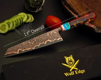 Luxury chef knife, Personalized Handmade Copper Damascus Chef Knife – Gyuto Kitchen Blade, Groomsmen Gift For Him, Her anniversary edition