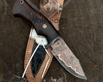 Handmade Damascus Steel Hunting Knife, Rosewood Handle, Leather Sheath
