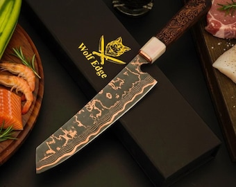 Copper Damascus Chef Knife, 8.2-Inch Carbon Steel Blade with Engraved Wood Handle